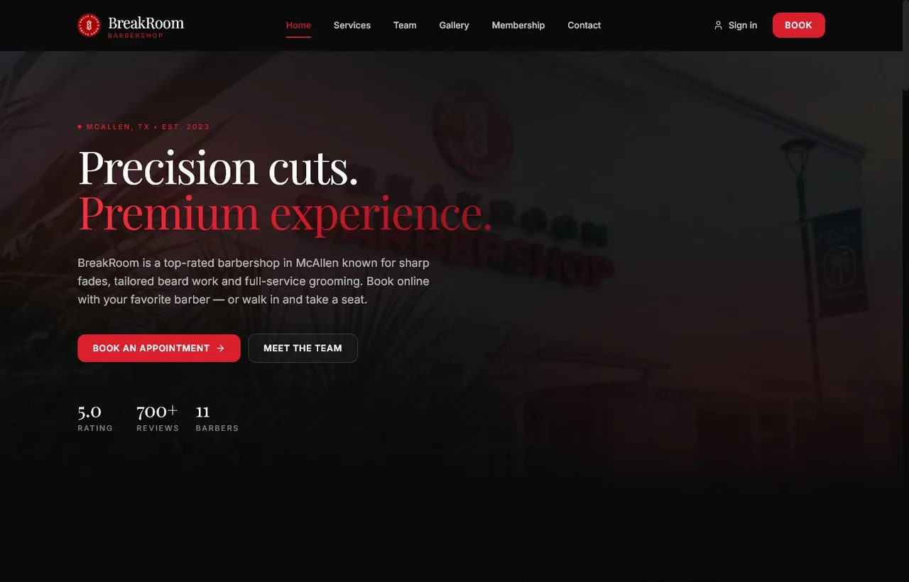 BreakRoom Barbershop demo homepage screenshot